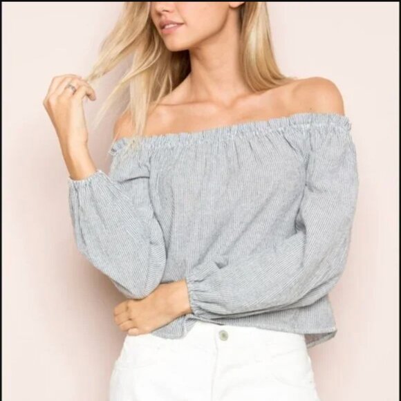Brandy Melville Tops - Brandy Melville Theia Off-the-shoulder Striped Top 100% Cotton 3/4 Sleeve Crop